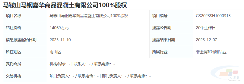 底价1.4亿元！马鞍山马钢嘉华商品混凝土100%股权挂牌转让，互联网销售布局或启新篇